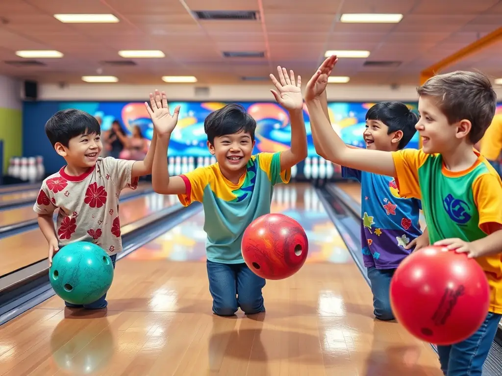 A vibrant image of young bowlers participating in a friendly match, showcasing the youth program at SPORT-QUILLES BALSACOIS. The focus is on teamwork and skill development.