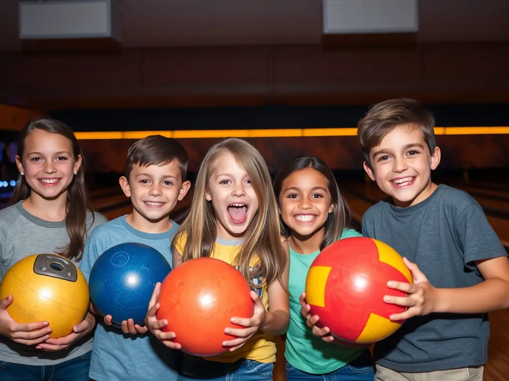 A group of children and teenagers enjoying a friendly bowling match at the local alley, smiling and engaging with each other.