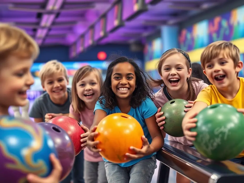 A group of children and teenagers enjoying a friendly bowling match at the local alley, smiling and engaging with each other.