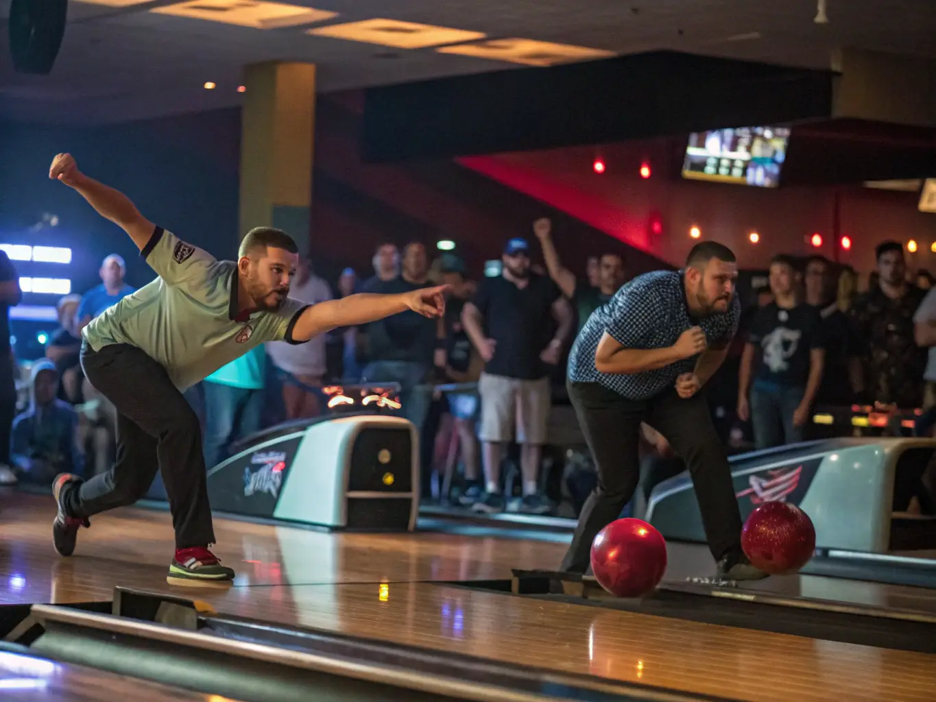 An action shot of adult bowlers competing in a tournament at SPORT-QUILLES BALSACOIS, highlighting the competitive spirit and camaraderie among participants.