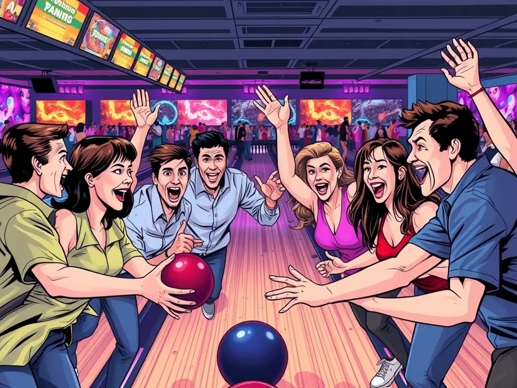 A diverse group of people laughing and cheering while bowling together at a SPORT-QUILLES BALSACOIS event.
